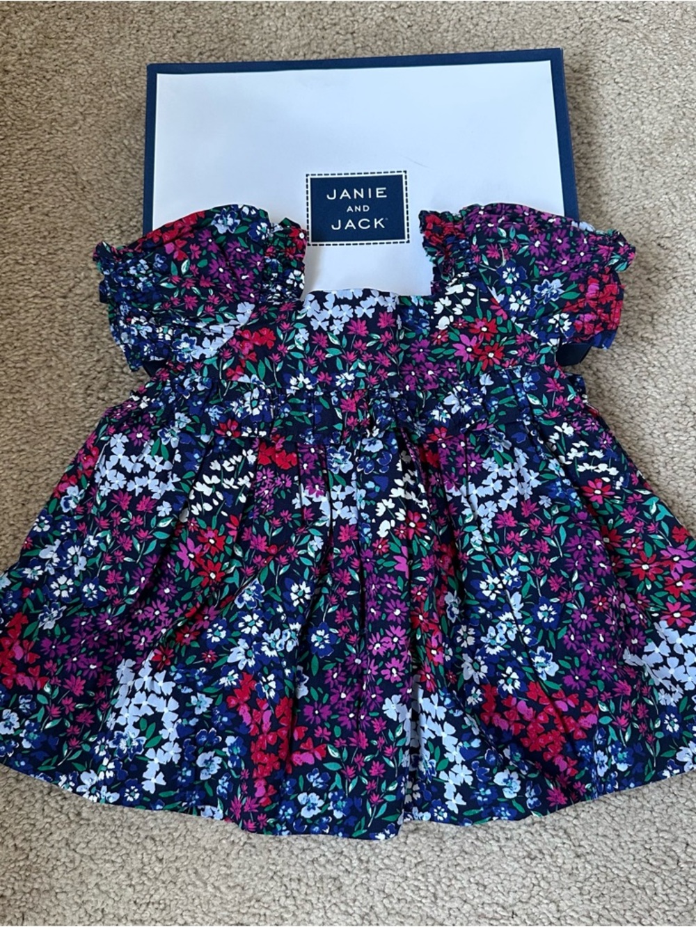 Janie and Jack Navy Floral Print Ruffle-Sleeve Dress- NWT